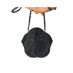 1970s Walborg Small Black Evening Bag Purse with Glass Beads & Kiss Lock Clasp